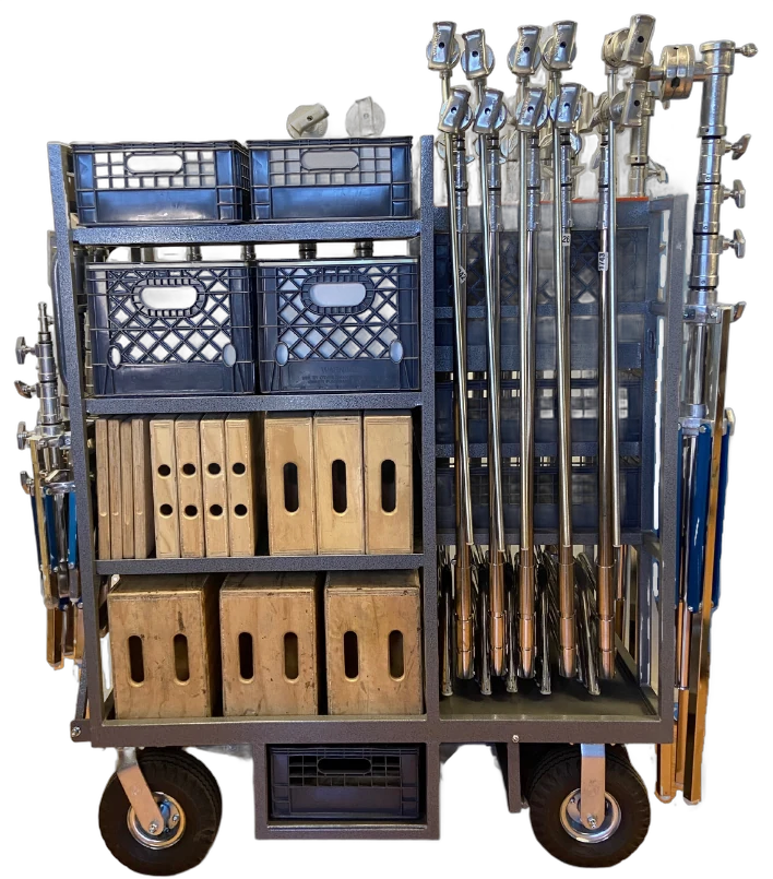 Thunderstruck grip utility cart loaded with C-stands, apple boxes and crates